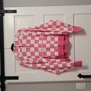 Trendy Fun Hoodie 1X Pink and White Checkered Top Casual Sweatshirt